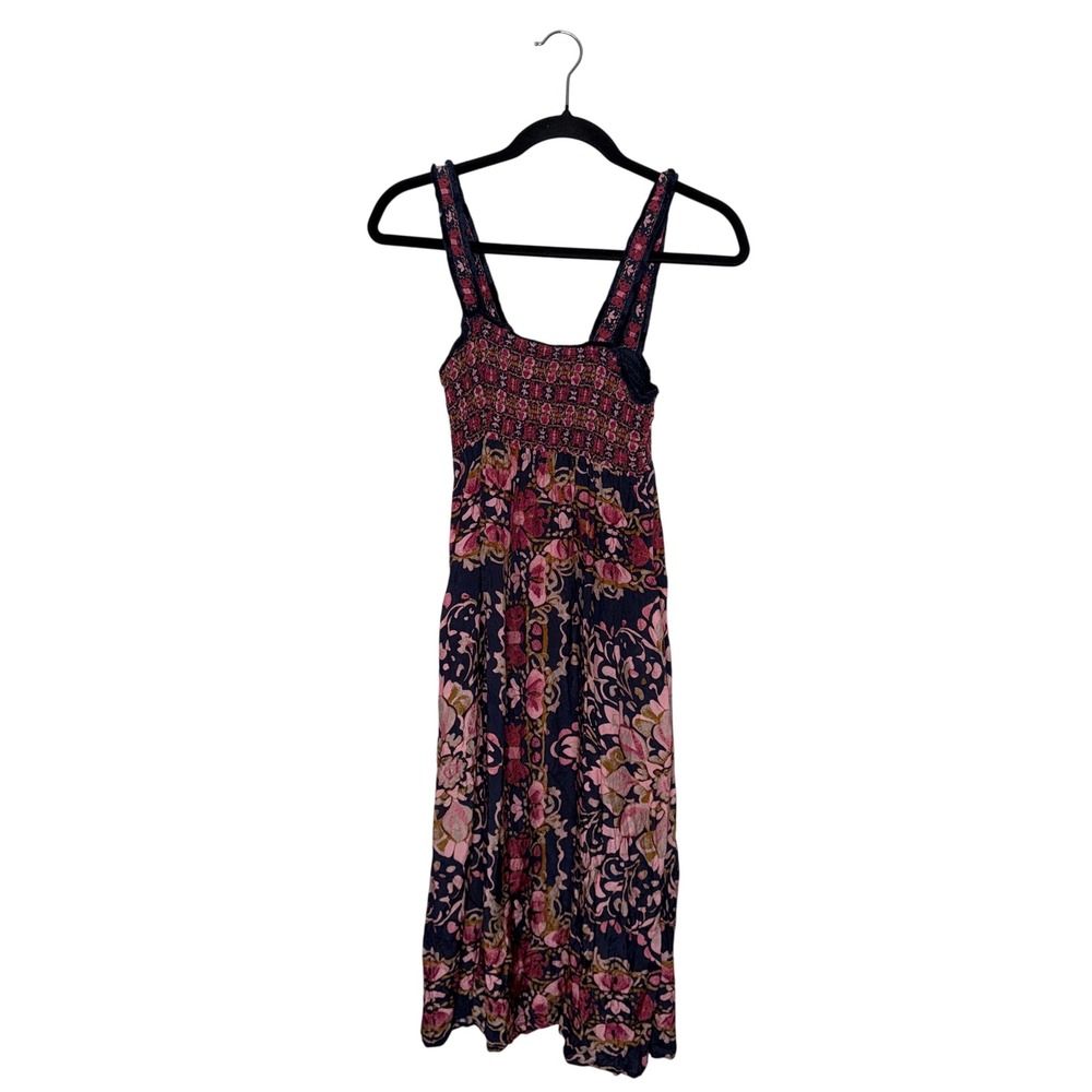 Natural Life Floral Paisley Midi Dress Womens Small Navy Pink Excellent Smocked